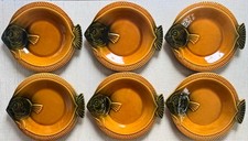 SERIE DE 6 ASSIETTES A POISSON VINTAGE FAIENCE OCRE & VERTE DE VALLAURIS D 25