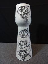 Vase design vintage 1950 1960 en céramique faience à décor incisé de poissons