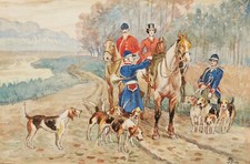 Jean Achille Théodore BRAIL paire aquarelle dessin tableau scène chasse à courre