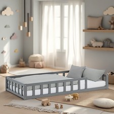 Lit D'Enfant 90x200 Montessori avec Barriere en Bois Gris Lit au Sol Homestyle4u
