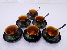 6 X Antique Japon Maki-E Laque Noire Tasse à Thé Avec Cuillère - Vintage - Main