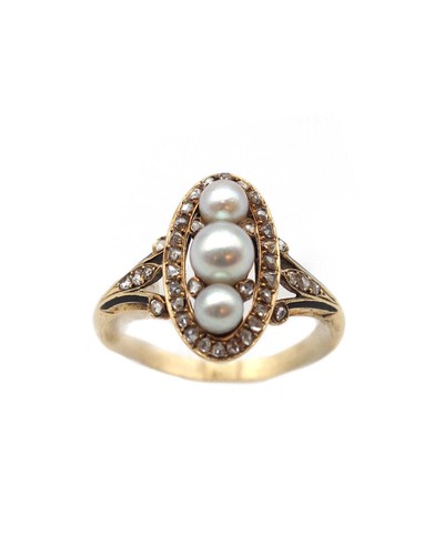 Bague navette perles diamants