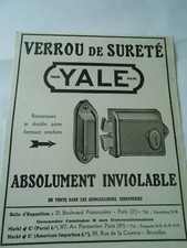 Publicité 1923  Verrou de Sureté YALE absolument inviolable
