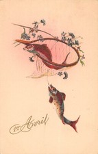 CPA FANTAISIE REPRESENTANT 2 POISSONS DANS UNE EPUISETTE / 1ER AVRIL