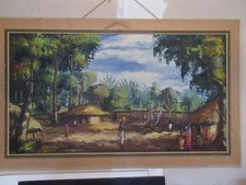 Grande huile sur panneau. Paysage africain 90x48cm.Signé