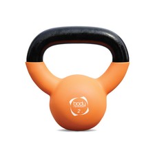 Kettlebell 2kg orange avec base plate et poignée ergonomique.