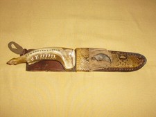 ARTISANAT INDIEN Couteau Manche Os (machoir) étui cuir peau de serpent