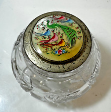 Main Peint Mère De Oiseaux Couvercle Sculpté Verre Cristal Vintage Poudre Bol