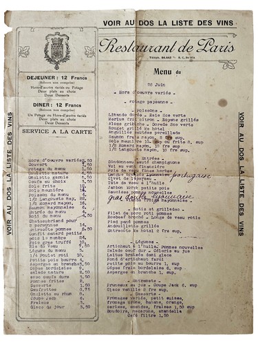 Authentique ancien menu - , de