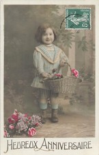 CP HEUREUX ANNIVERSAIRE ENFANT AVEC PANIER ROSES FLEURS - 38536