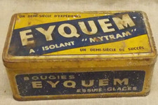 ANCIENNE BOITE TOLE PUBLICITAIRE EYQUEM BOUGIES AUTO GARAGE HUILE