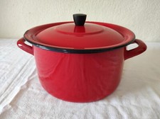 Ancien Faitout Marmite Casserole + couvercle en émail rouge 21cm de diamètre