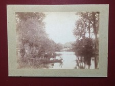 PHOTO ancienne ALBUMINE sur carton barque étang trogne arbre marais Paysage
