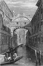 ITALIE: GONDOLE à VENISE sous le Pont des SOUPIRS -Gravure 19e (de Samuel Prout)