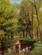 F. PERROTTE tableau huile toile paysage parc forêt bassin étang lac cygnes 19ème