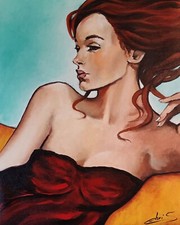 TABLEAU PEINTURE TOILE PORTRAIT 45x60cm FEMME EN ROUGE ORIGINAL  SIGNÉ CHRISK