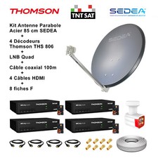 Kit Parabole 85 cm + LNB Quad + 4 Décodeurs + Câble 100m +4 Câbles HDMI+4 fiches