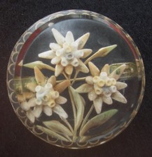 BROCHE ancienne en LUCITE GRAVEE A L'ENVERS , FLEURIE :  3 FLEURS D' EDELWEISS