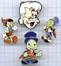 Lot 4 Pin's Disney / Marionnette PINOCCHIO Eurodisney / JIMINY CRICKET  GEPETTO
