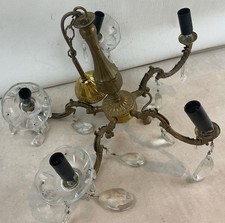 Ancien XXème très beau lustre 5 branches en bronze et laiton et pampille