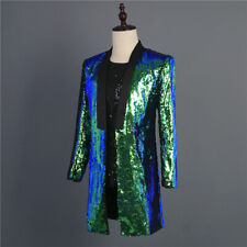 Hommes Pente Sequin Non Fermeture Veste Smoking Blazer Manteau Showman Costume