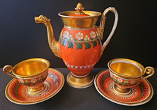 XIXe Service Thé Porcelaine De Paris Verseuse Tasses Soucoupes Doré Style EMPIRE