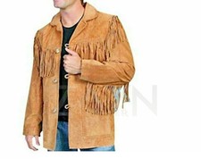 Veste de cowboy à franges en cuir marron souple pour hommes de style...