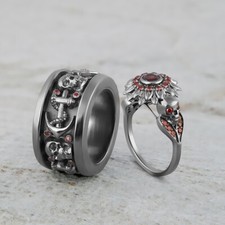 Assorti Tête de Mort Mariage Bague Parure pour Lui Elle Couple Ancre Fleur