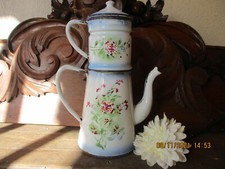 Antique French ENAMELLEd COFFEE POT FLOWERs pattern Small Pansy CA 1920