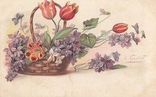 CP ILLUSTREE SIGNEE GUILLOT PANIER FLEURS - 46117