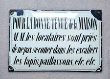 RARE Plaque émaillée d'utilité "Bonne Tenue de la Maison" bombée - 30x20cm