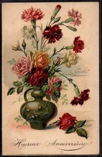BR081 ART NOUVEAU a/s GUILLOT BIRTHDAY ROSES & CARNATIONS in VASE Fine LITHO