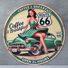 Plaque métal vintage Route 66 Coffee & breakfast 20x20 ronde Neuve