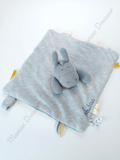Doudou Plat/Mouchoir Carré Paco Ane Bio Bleu Rayé Blanc Attache Tétine - Noukies