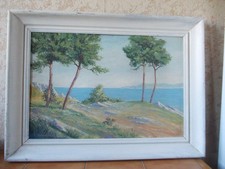 Grand tableau ancien, huile sur panneau, signé, bord de mer
