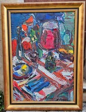 Grande Nature Morte à la lampe et pot de fleurs par Antoine FERRARI 1910-1995