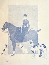EQUITATION - CAVALIÈRE avec ses CHIENS, montant en amazone - Gravure 19e