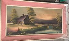 Tableau Paysage Abîmé ~ 75x40cm Maison Pont Rivière