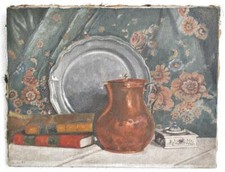 Nature morte avec pot en cuivre et livres du XXe