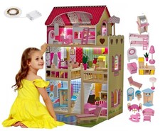Géant Maison Petite De Poupées H 90cm en Bois Avec Meuble & Lumières Trois