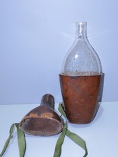 -ANCIENNE GOURDE BOUTEILLE Verre bullé gainée CUIR BRUN GALON CHRISTOFLE   D