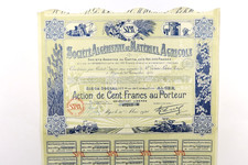 SOCIETE ALGERIENNE DE MATERIEL AGRICOLE ACTION DE 100 FRANCS ALGER 1928 +COUPONS
