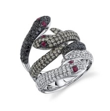 Diamant Serpent Bague 3 Têtes 14K Or Rubis Champagne Noir Blanc Diamants Naturel