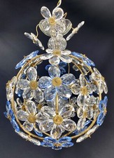 RARE LUSTRE BOULE FLEURS CRISTAL BLANC & BLEU METAL DORE ST. BAGUES ANNEES 30