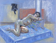 Grand Dessin Original Pastel Nu Féminin Femme Allongée Modèle Atelier #16