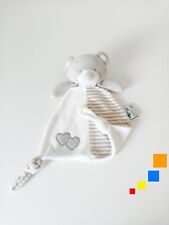 Doudou Plat/Mouchoir Hochet Grelots Ours Blanc Gris Beige Rayé Coeur - BM Ricami