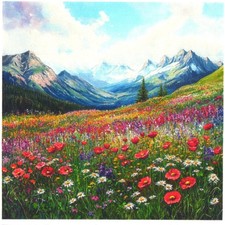 Serviettes en papier paysage montagne&fleurs. Napkins mountain landscape flowers