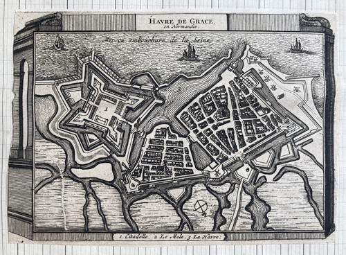 Gravure carte plan vue havre - gravure,