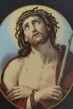 Grande Litho Gravure religieuse ancienne en Couleurs Christ aux liens fond Noir 