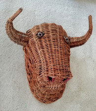 Vintage ancienne Tête de Taureau en Rotin - Années 60